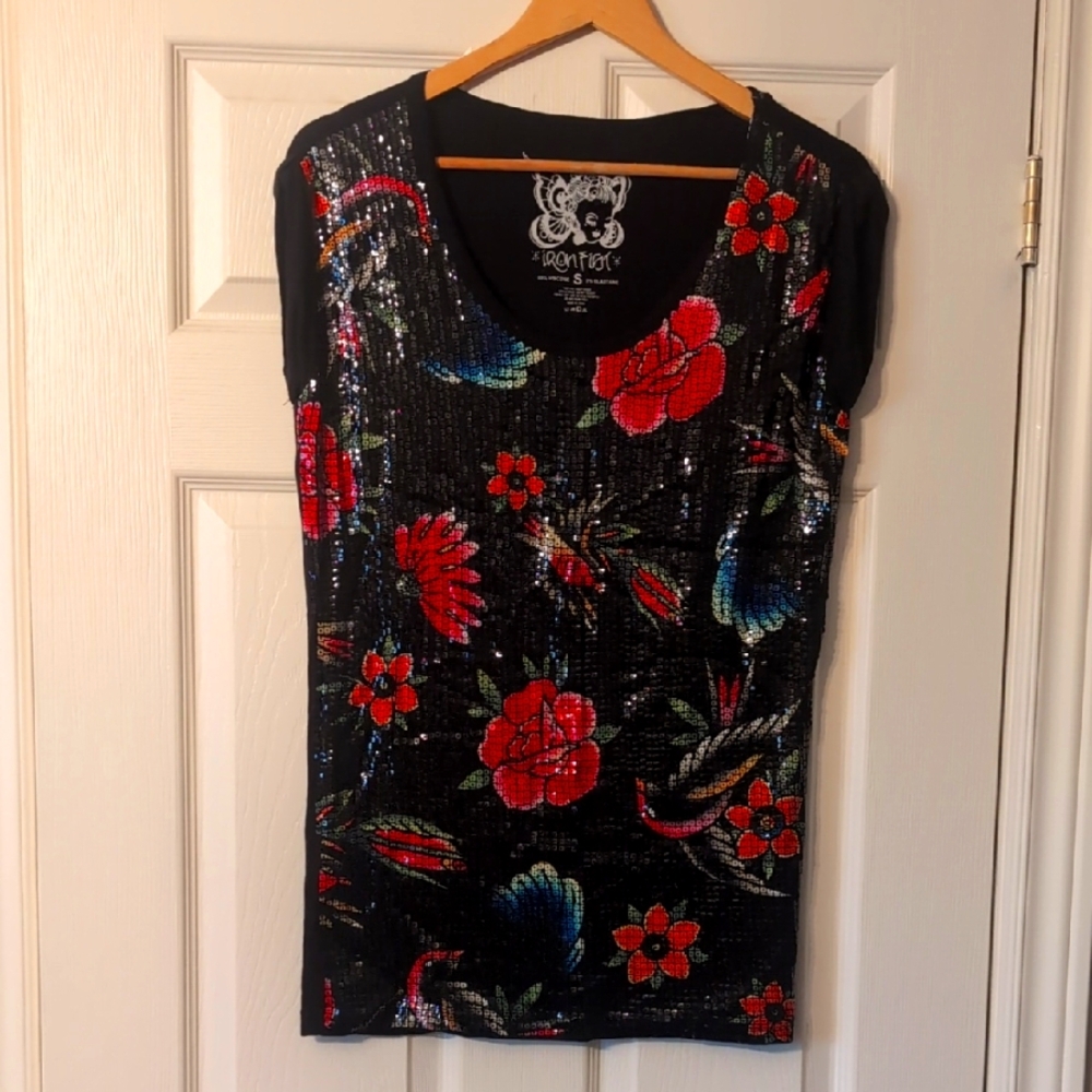 Iron Fist Black and Red Sequin Floral Blouse
